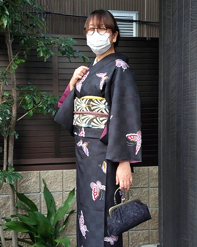 着物コーディネート41：スタッフコレナガの黒市松の蝶コーデ | 京都