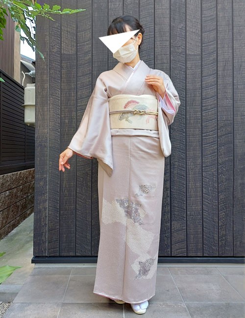 深い紫色に桜吹雪、刺繍を交えた付け下げ 着物 